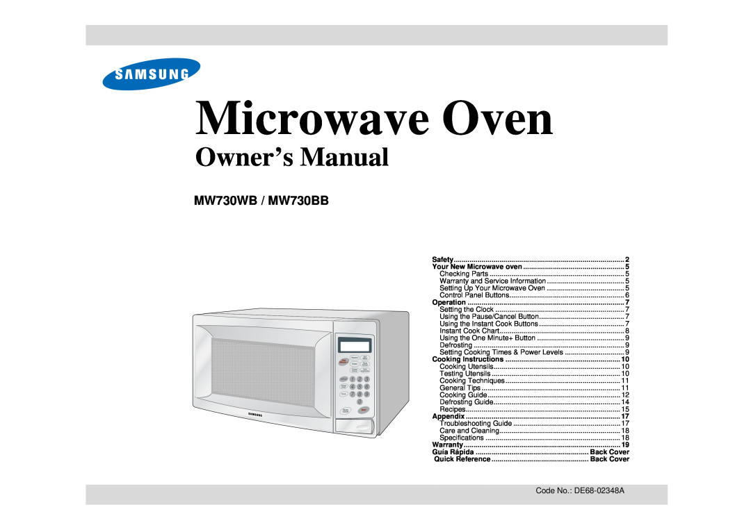 Samsung manual MW730WB / MW730BB, Microwave Oven, Owner’s Manual, Back Cover, Quick Reference, 1 2 4 5 7 8, Safety 