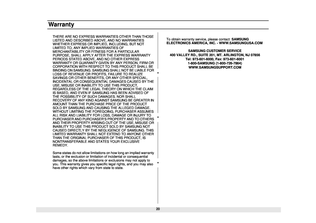 Samsung MW730WB, MW730BB manual Warranty, SAMSUNG CUSTOMER SERVICE 400 VALLEY RD., SUITE 201, MT. ARLINGTON, NJ 