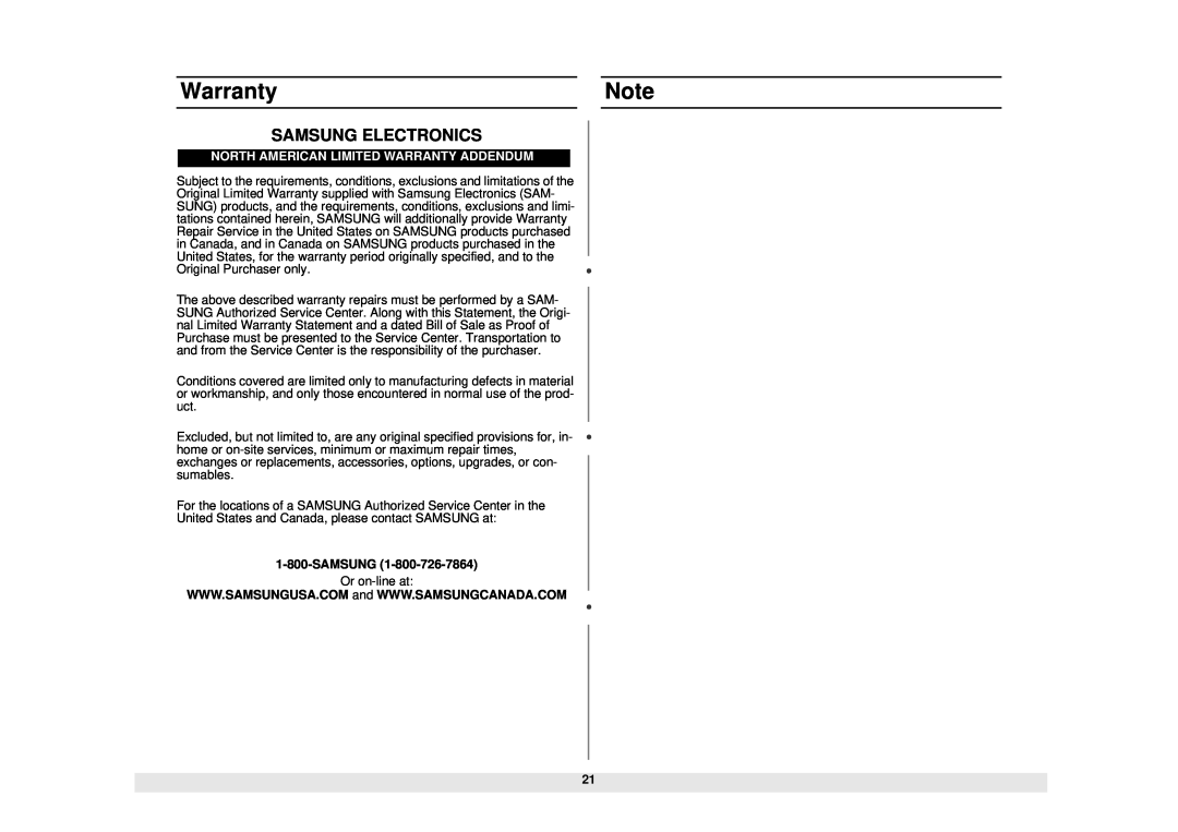 Samsung MW730BB, MW730WB manual Samsung Electronics, North American Limited Warranty Addendum 