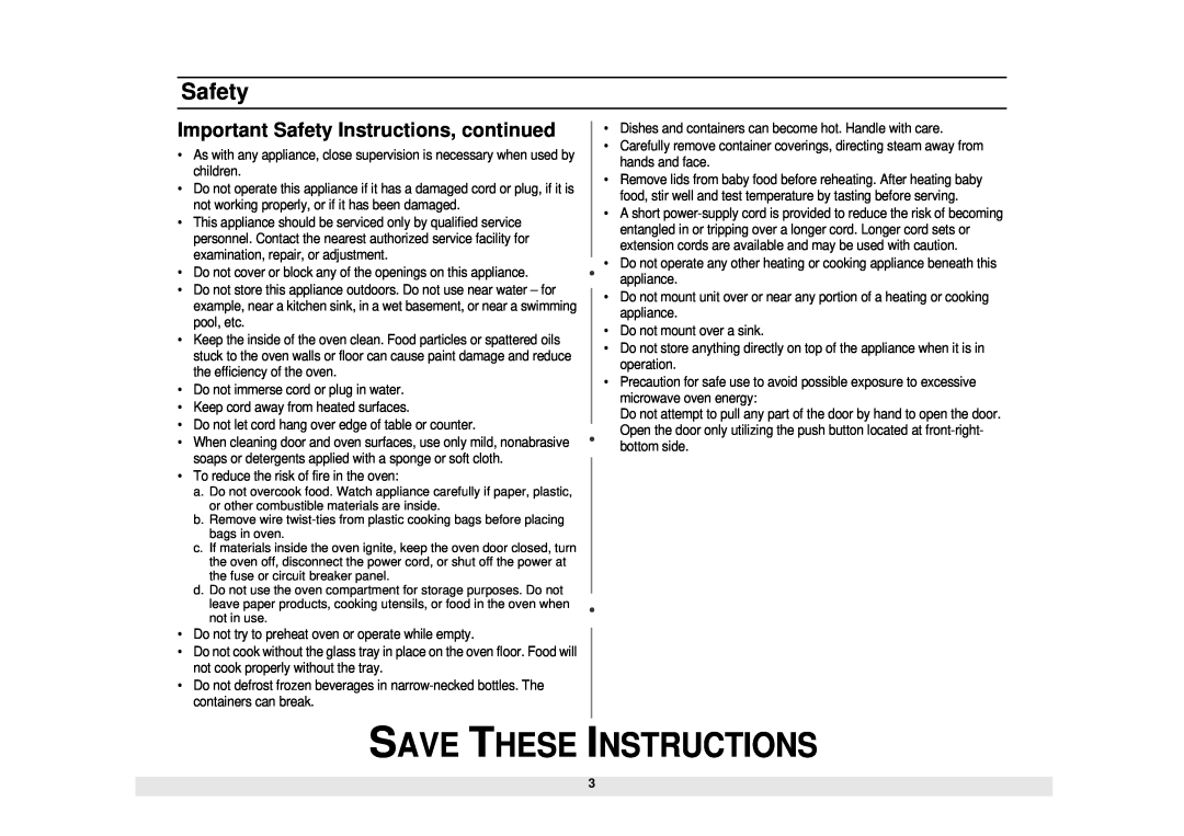 Samsung MW730BB, MW730WB manual Important Safety Instructions, continued, Save These Instructions 