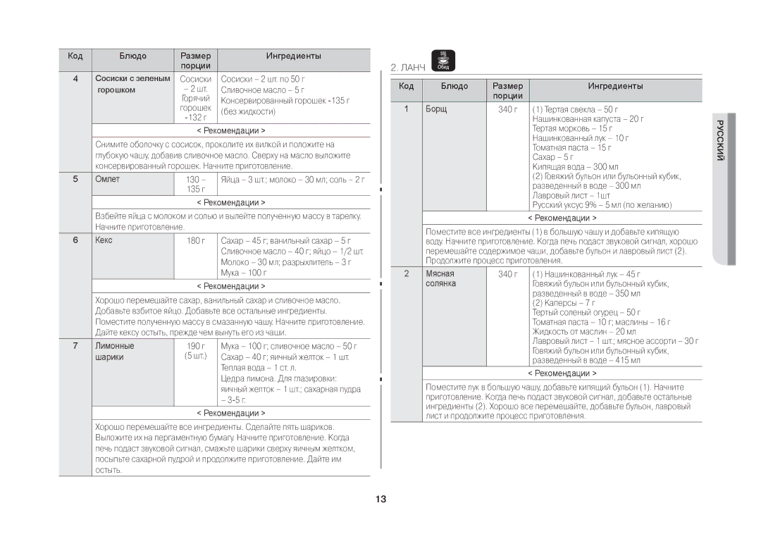 Samsung MW731KR/BWT manual Ланч 