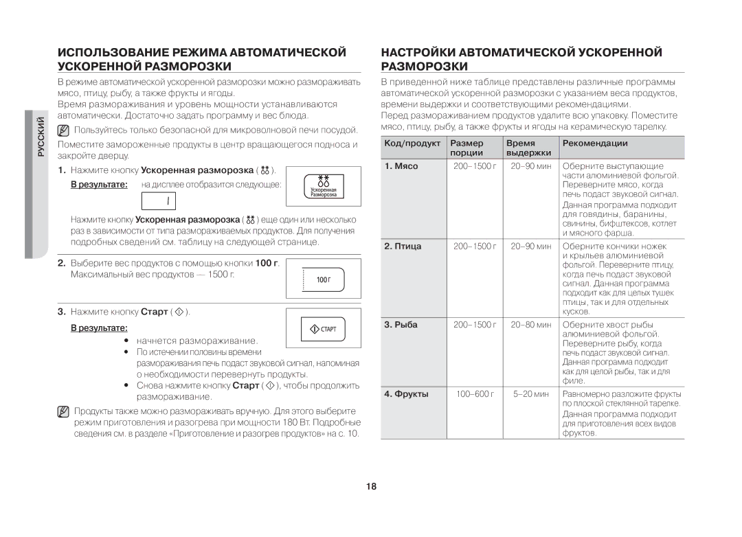 Samsung MW731KR/BWT manual Использование Режима Автоматической Ускоренной Разморозки, Нажмите кнопку Ускоренная разморозка 