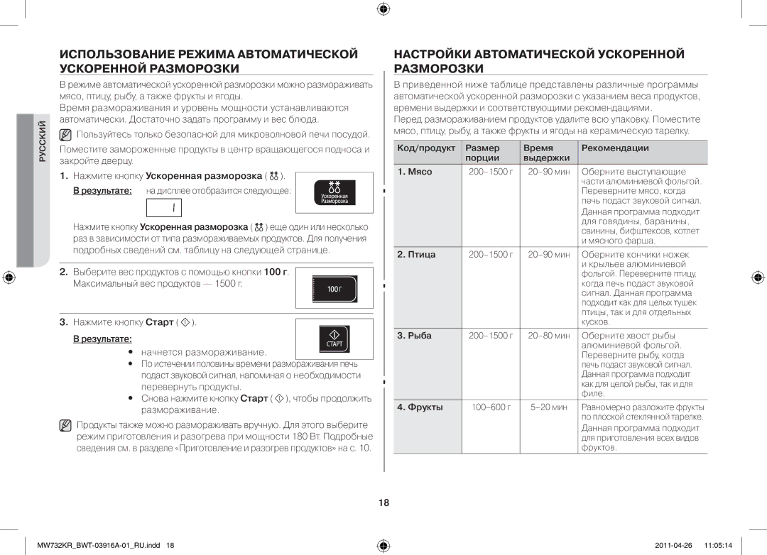 Samsung MW732KR-S/BWT Использование режима автоматической ускоренной разморозки, Нажмите кнопку Ускоренная разморозка 