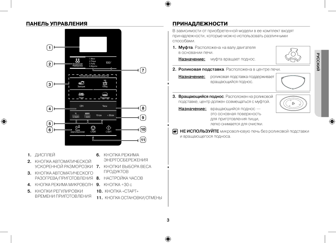 Samsung MW73M2KRSX/BWT manual Панель управления Принадлежности, Роликовая подставка. Расположена в центре печи, Назначение 