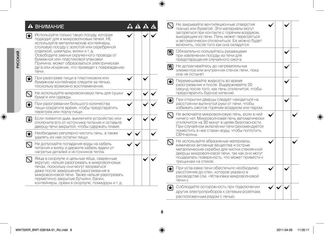 Samsung MW732KR-S/BWT, MW73M2KRSX/BWT manual Внимание 