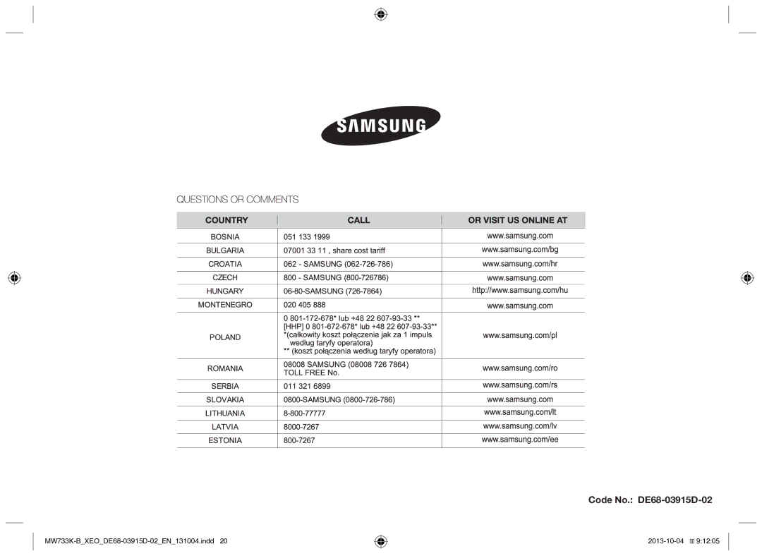 Samsung MW733K-B/XEO manual Code No. DE68-03915D-02 