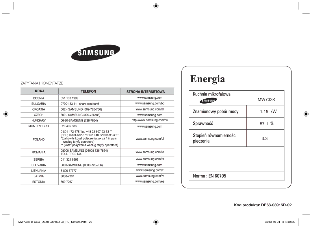 Samsung MW733K-B/XEO manual Kod produktu DE68-03915D-02 