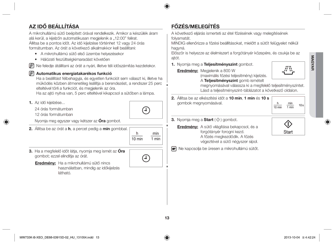 Samsung MW733K-B/XEO manual Az idő beállítása, Főzés/Melegítés, Automatikus energiatakarékos funkció 