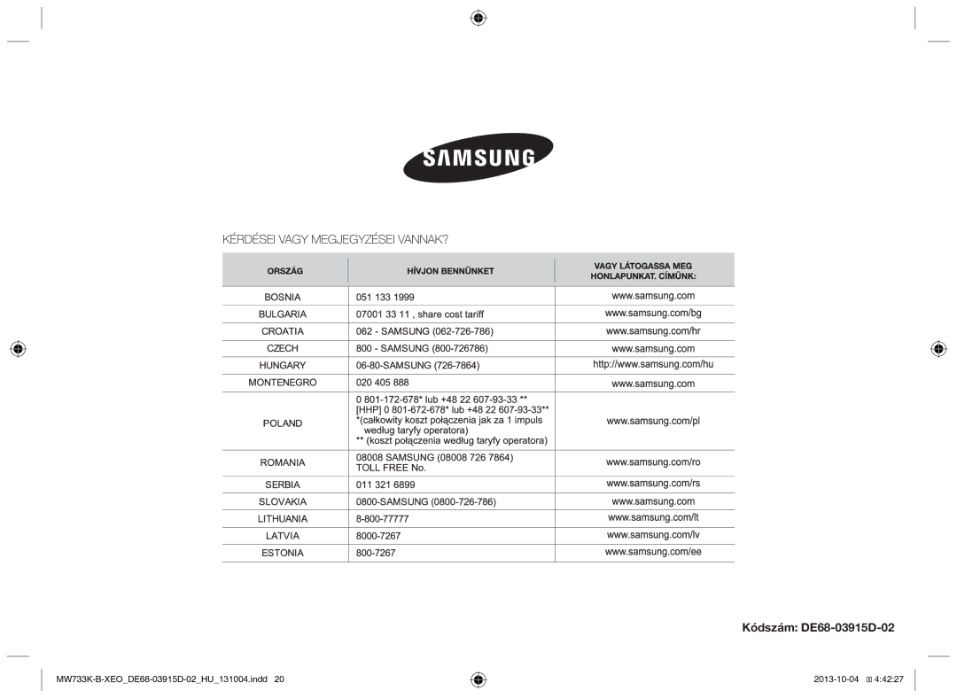 Samsung MW733K-B/XEO manual Kódszám DE68-03915D-02 