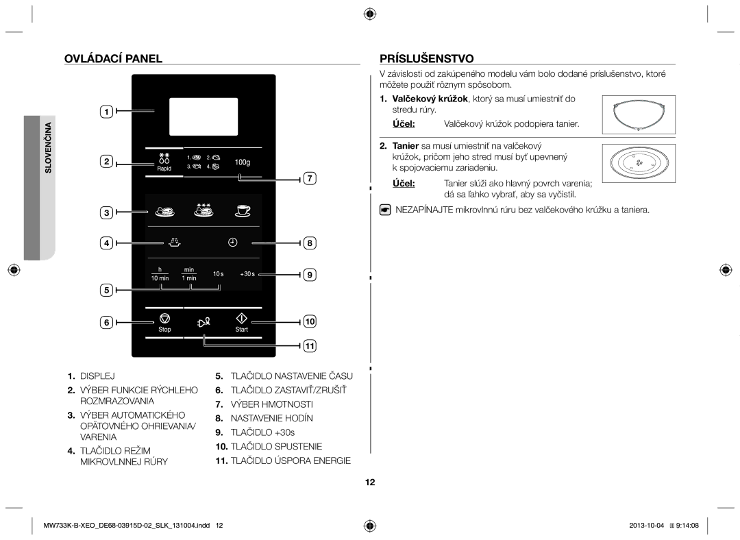 Samsung MW733K-B/XEO manual Ovládací panel Príslušenstvo, Tlačidlo +30s 