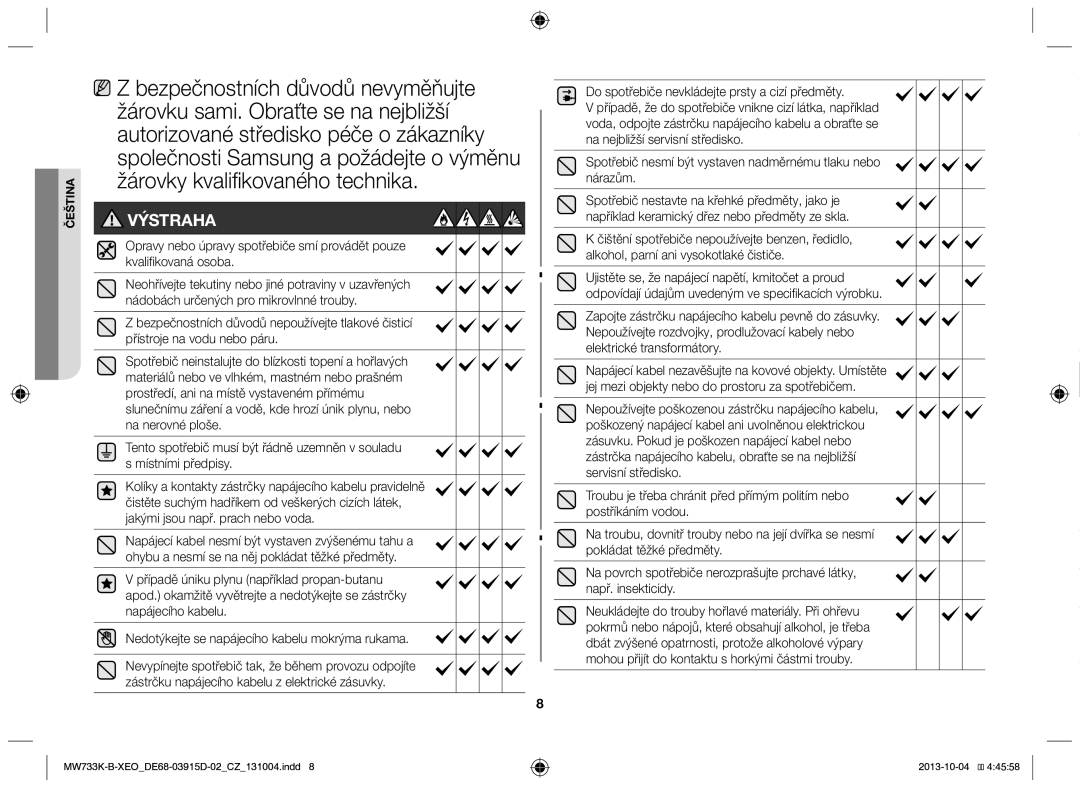 Samsung MW733K-B/XEO manual Výstraha 