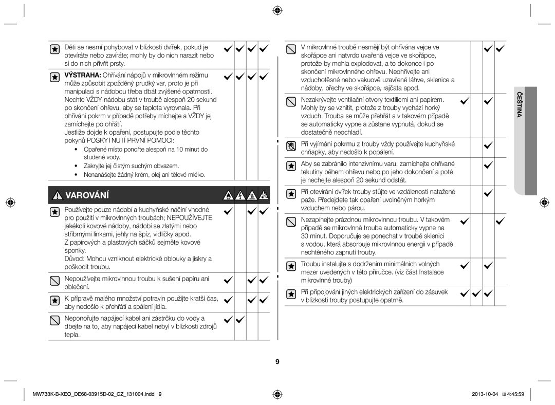 Samsung MW733K-B/XEO manual Varování, Nezakrývejte ventilační otvory textiliemi ani papírem 