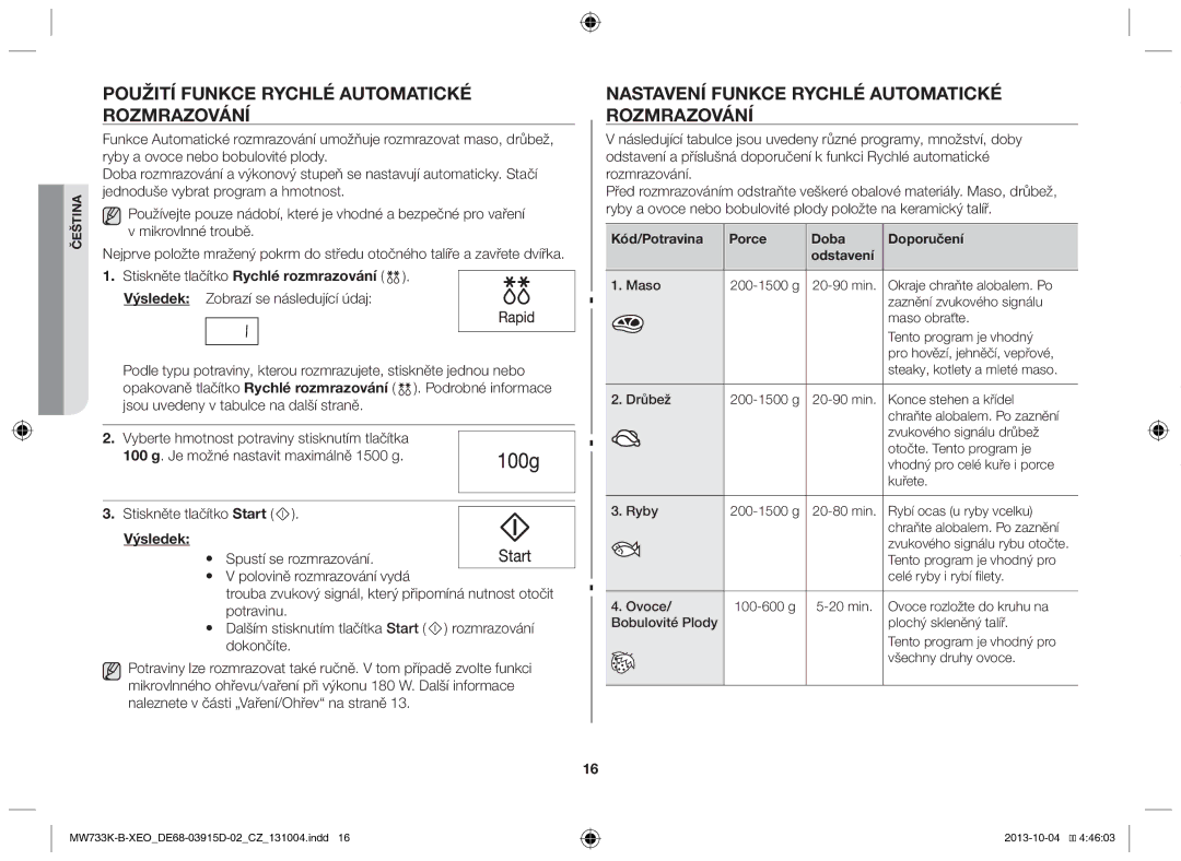 Samsung MW733K-B/XEO Použití funkce rychlé automatické rozmrazování, Nastavení funkce rychlé automatické rozmrazování 