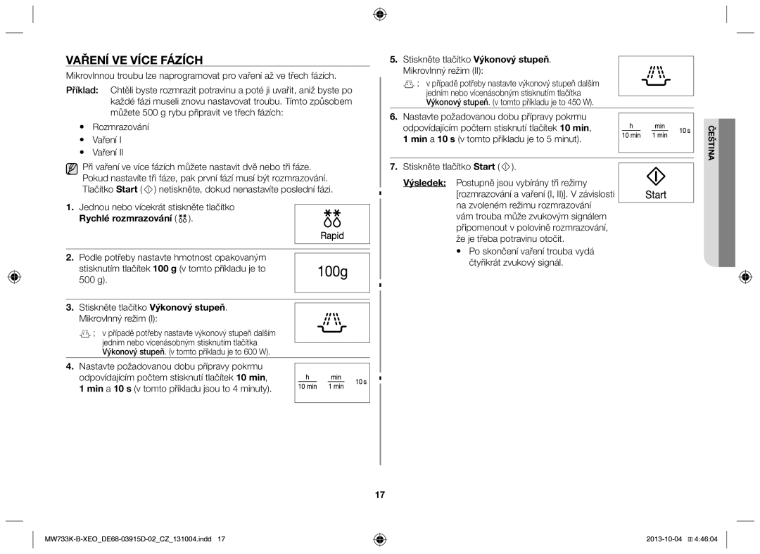 Samsung MW733K-B/XEO manual Vaření ve více fázích, Rychlé rozmrazování 