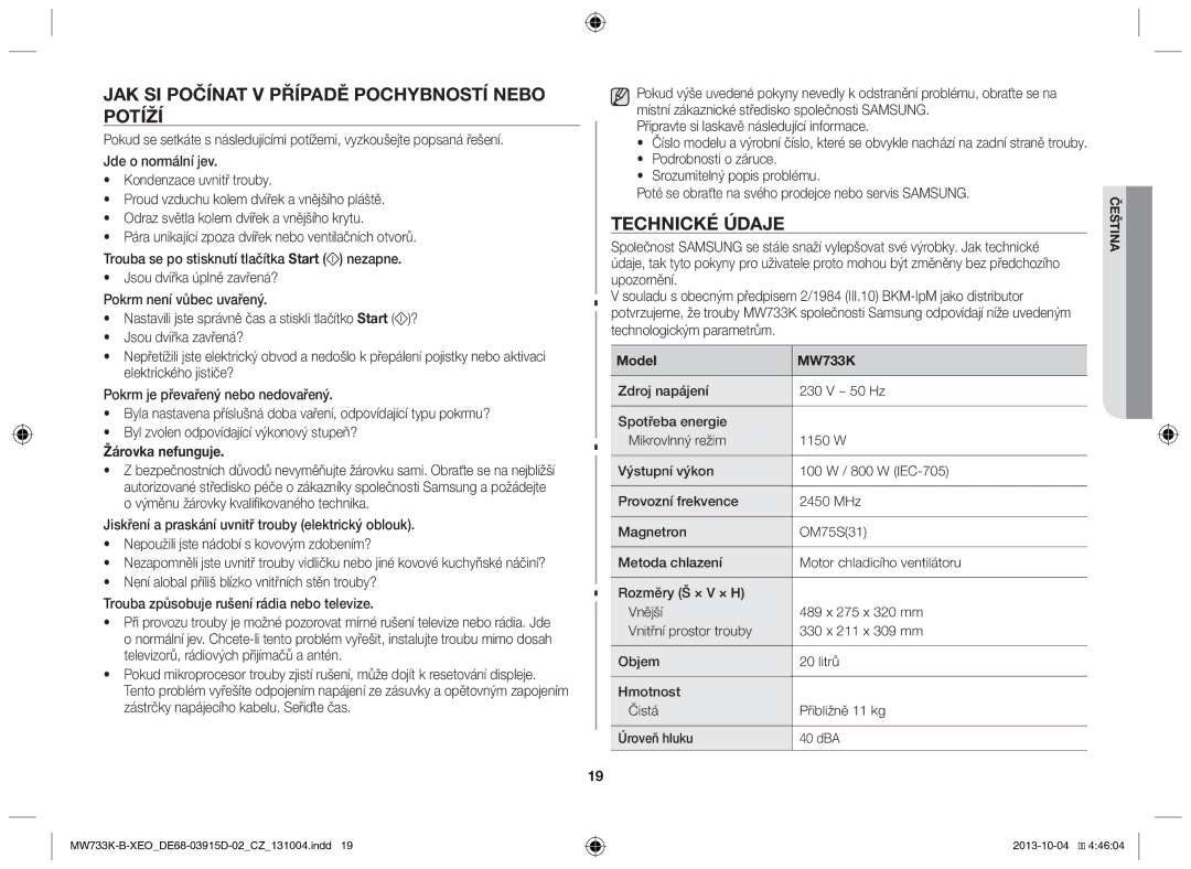 Samsung MW733K-B/XEO manual Jak si počínat v případě pochybností nebo potíží, Žárovka nefunguje 