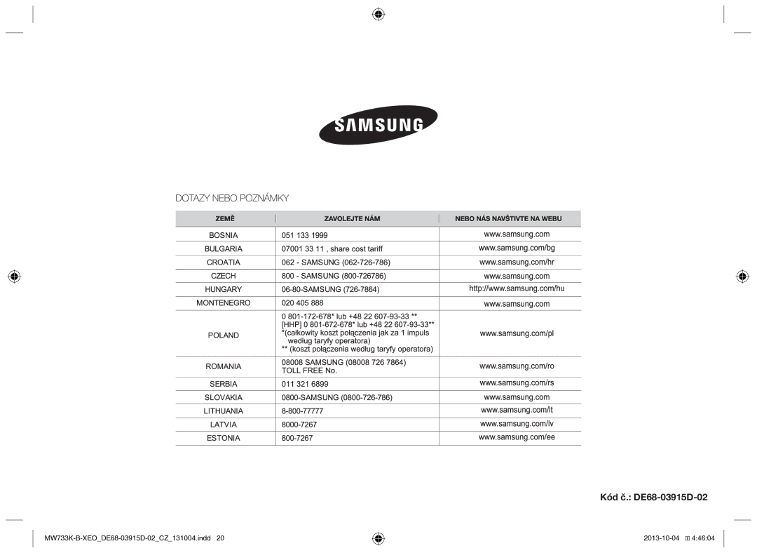 Samsung MW733K-B/XEO manual Kód č. DE68-03915D-02 