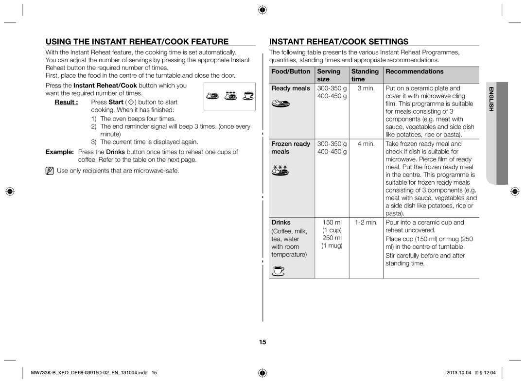 Samsung MW733K-B/XEO manual Using the instant reheat/cook feature, Instant reheat/cook settings 