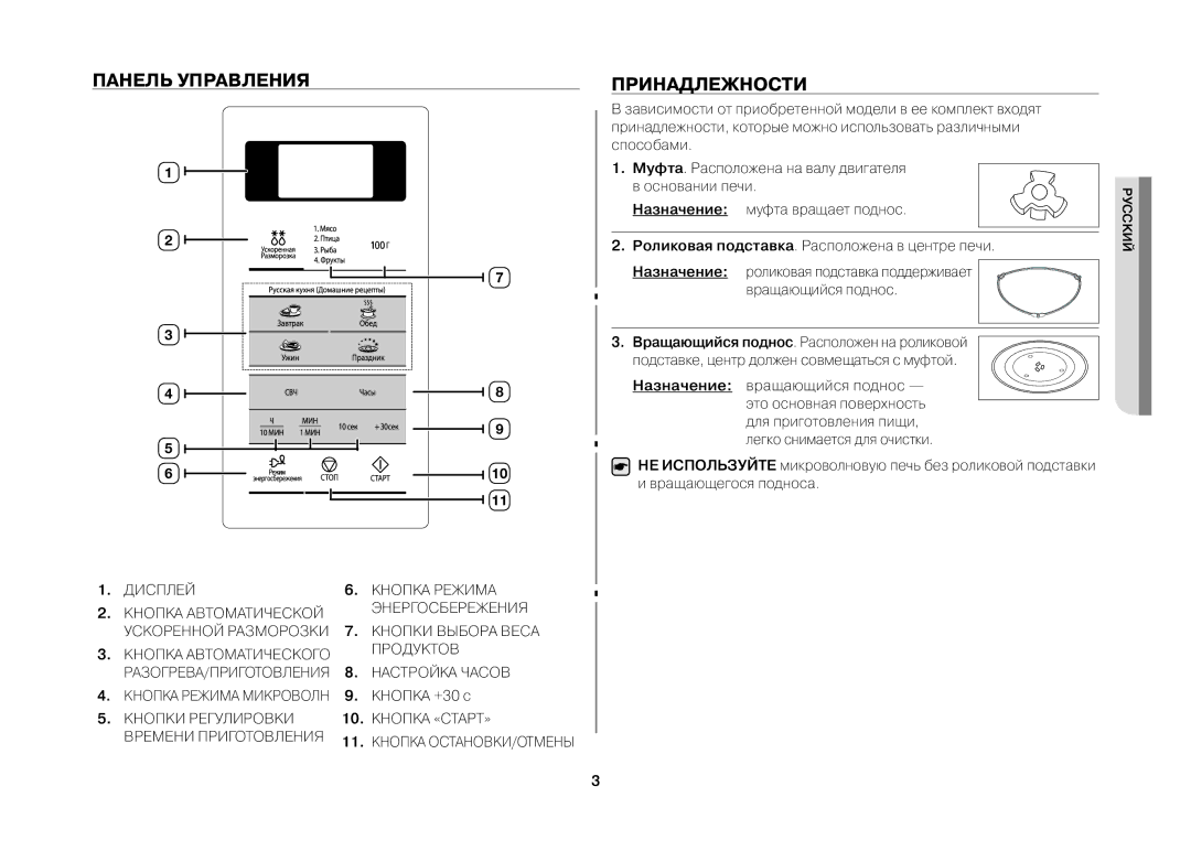 Samsung MW733KR/BWT manual Панель Управления, Принадлежности, Продуктов, Настройка Часов 