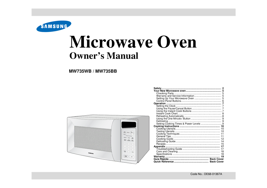 Samsung MW735BB manual Microwave Oven, Code No. DE68-01367A 