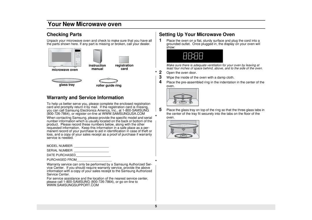 Samsung MW735BB manual Your New Microwave oven, Checking Parts, Warranty and Service Information 