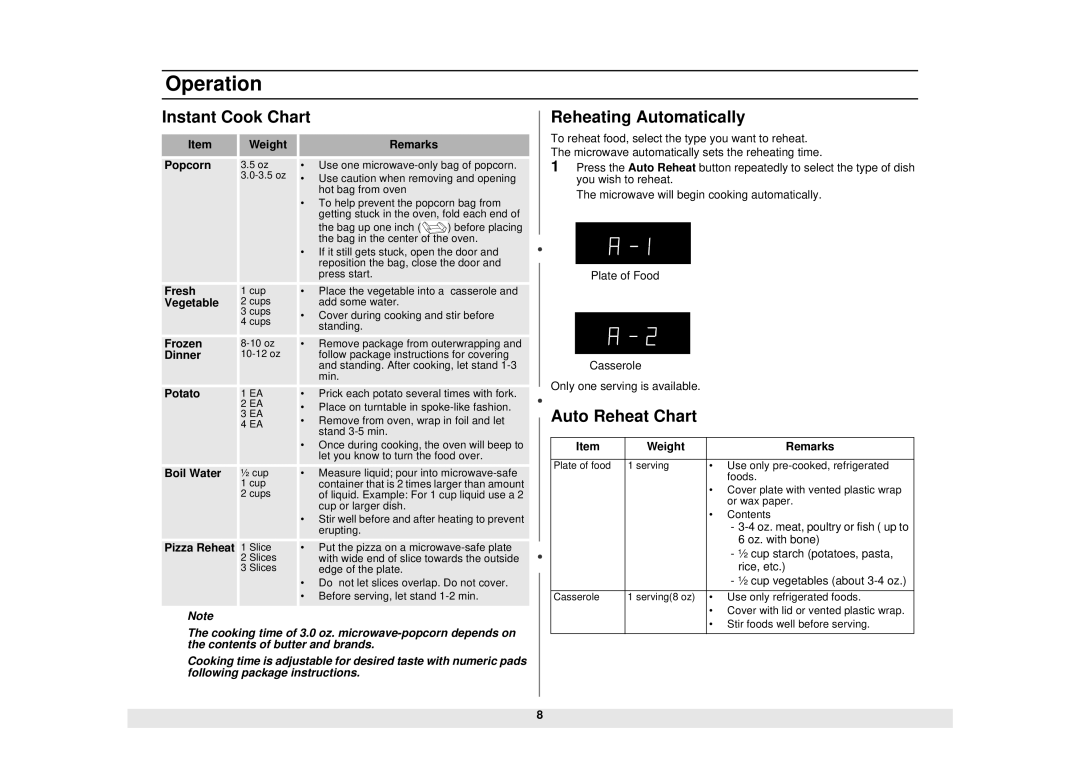 Samsung MW735BB manual Instant Cook Chart, Reheating Automatically, Auto Reheat Chart 