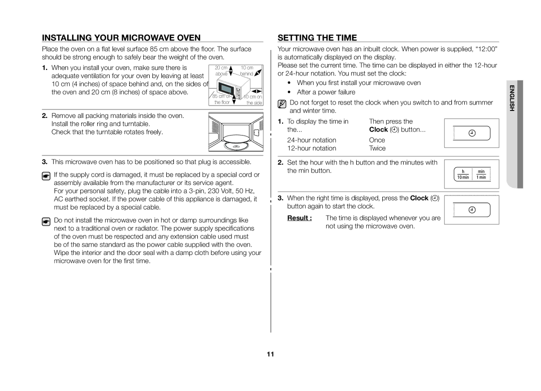 Samsung MW73B-S/XEO manual Installing your microwave oven, Setting the time 