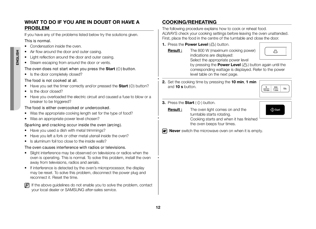 Samsung MW73B-S/XEO manual What to do if you are in doubt or have a problem, Cooking/Reheating, Result 