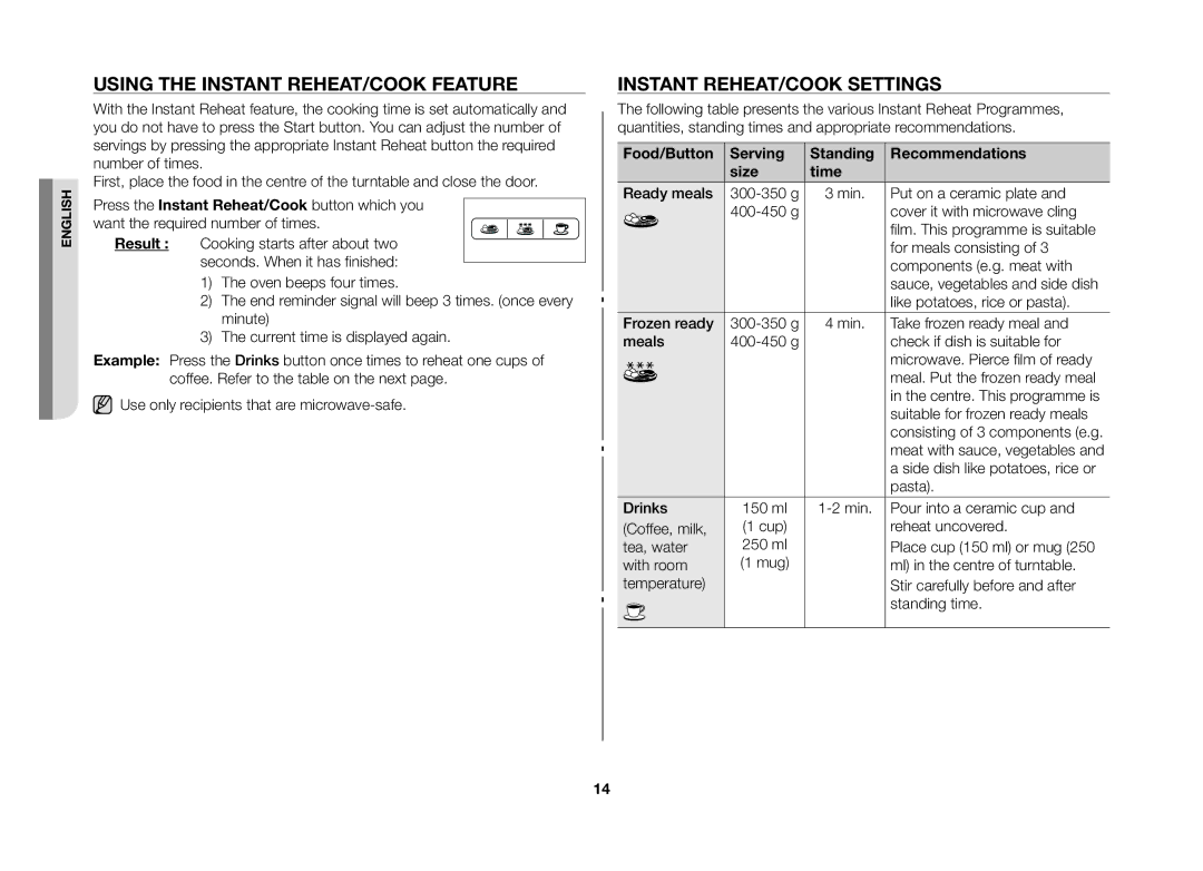 Samsung MW73B-S/XEO manual Using the instant reheat/cook feature, Instant reheat/Cook settings 