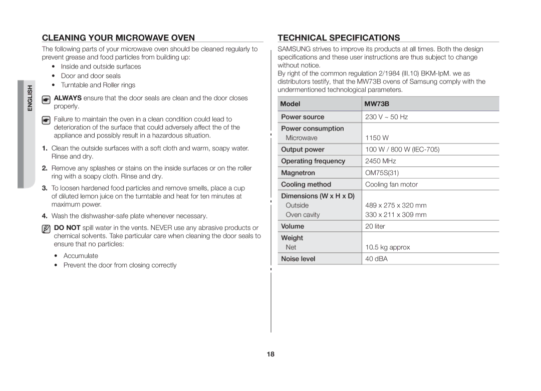 Samsung MW73B-S/XEO manual Cleaning your microwave oven, Technical specifications, Model 