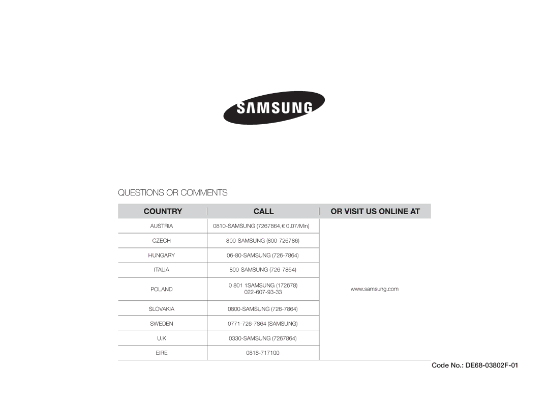 Samsung MW73B-S/XEO manual Code No. DE68-03802F-01 