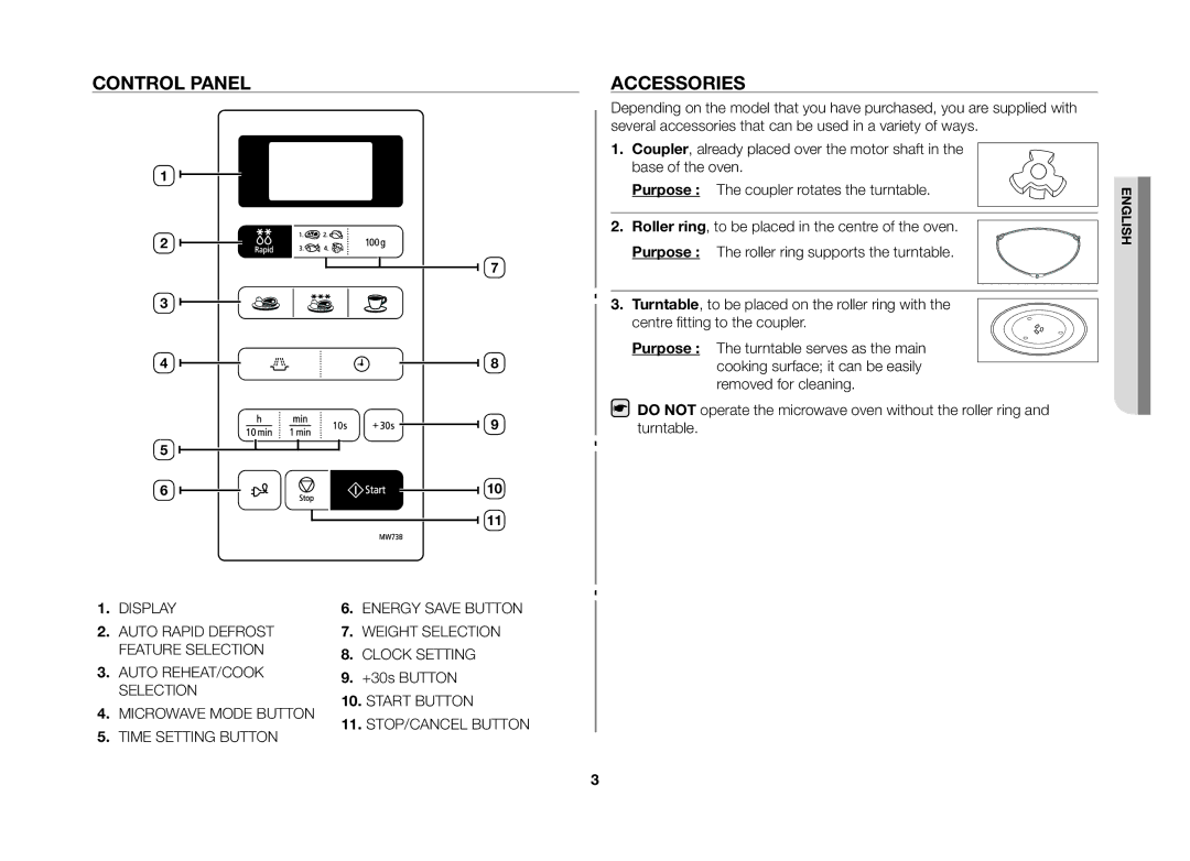 Samsung MW73B-S/XEO manual Control panel, Accessories 