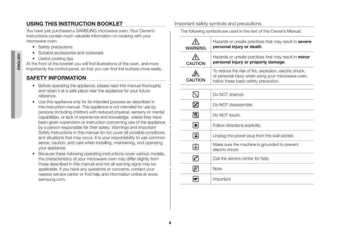 Samsung MW73B-S/XEO manual Using this instruction booklet, Safety information, Personal injury or death 