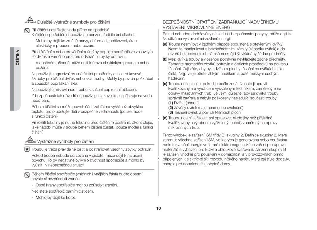 Samsung MW73B-S/XEO manual Varování Důležité výstražné symboly pro čištění, Upozornění Výstražné symboly pro čištění 