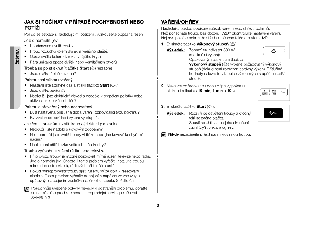 Samsung MW73B-S/XEO manual Jak si počínat v případě pochybností nebo potíží, Vaření/Ohřev 