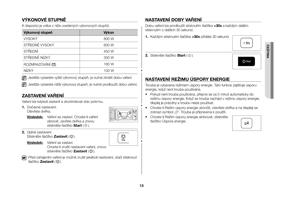 Samsung MW73B-S/XEO manual Výkonové stupně, Zastavení vaření, Nastavení doby vaření, Nastavení režimu úspory energie 