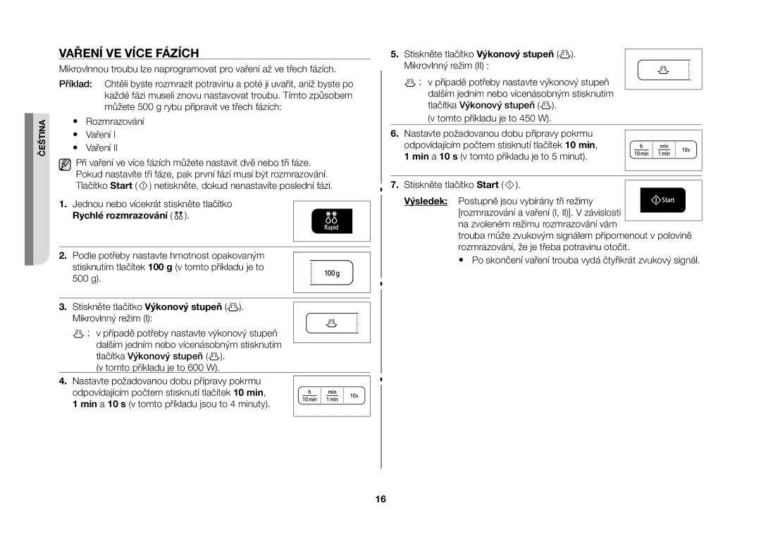 Samsung MW73B-S/XEO manual Vaření ve více fázích, Rychlé rozmrazování 