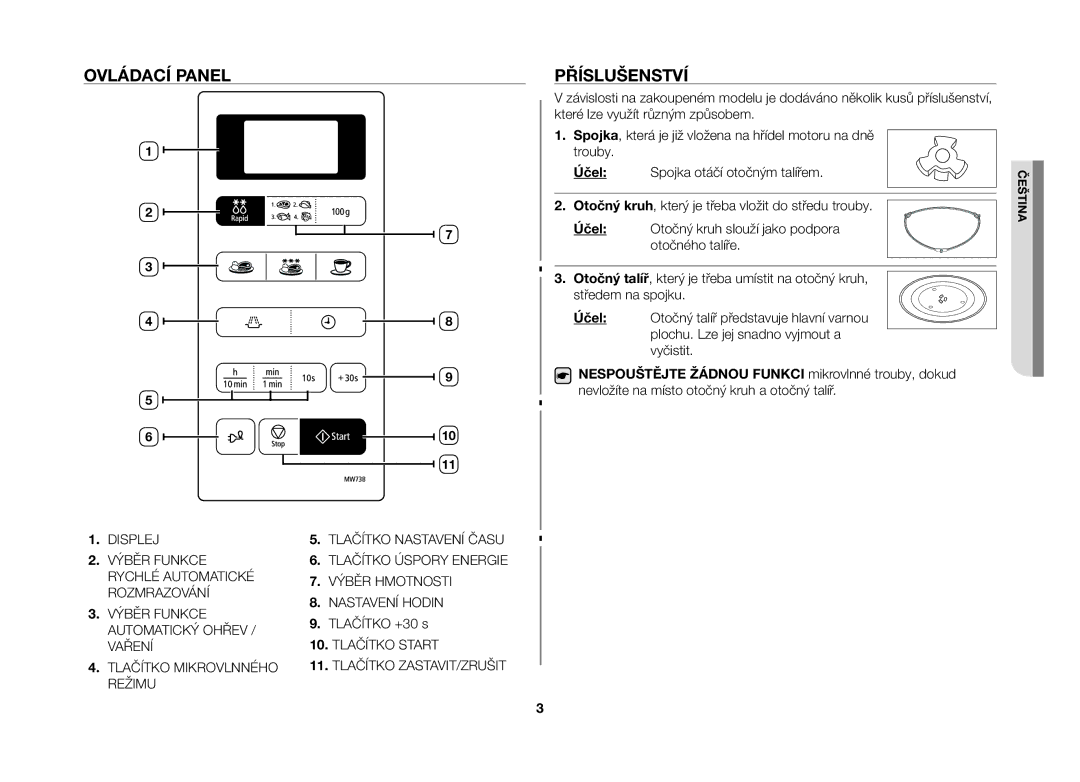 Samsung MW73B-S/XEO manual Ovládací panel, Příslušenství 