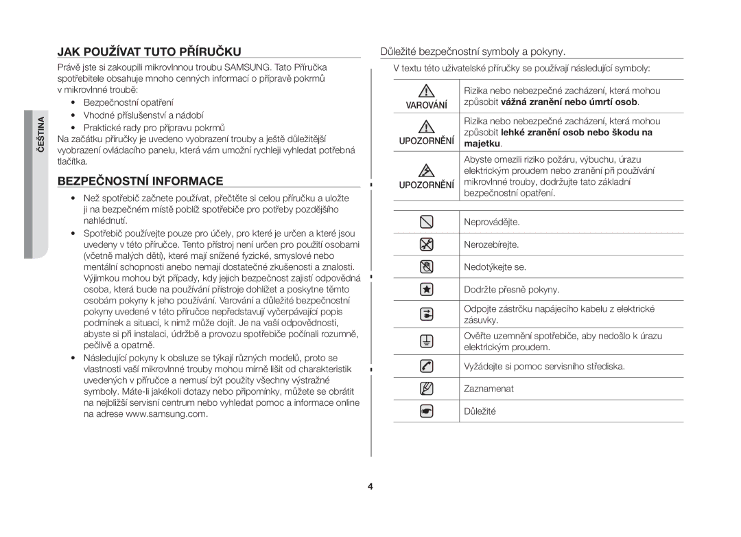 Samsung MW73B-S/XEO manual Jak používat tuto příručku, Bezpečnostní informace, Důležité bezpečnostní symboly a pokyny 