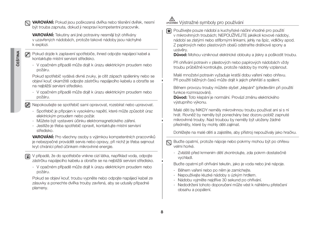 Samsung MW73B-S/XEO manual Upozornění Výstražné symboly pro používání 