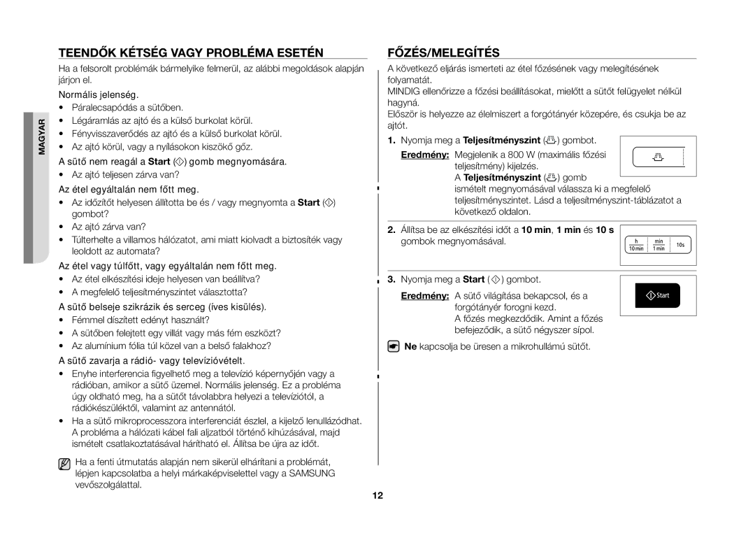 Samsung MW73B-S/XEO manual Teendők kétség vagy probléma esetén, Főzés/Melegítés, Teljesítményszint gomb 