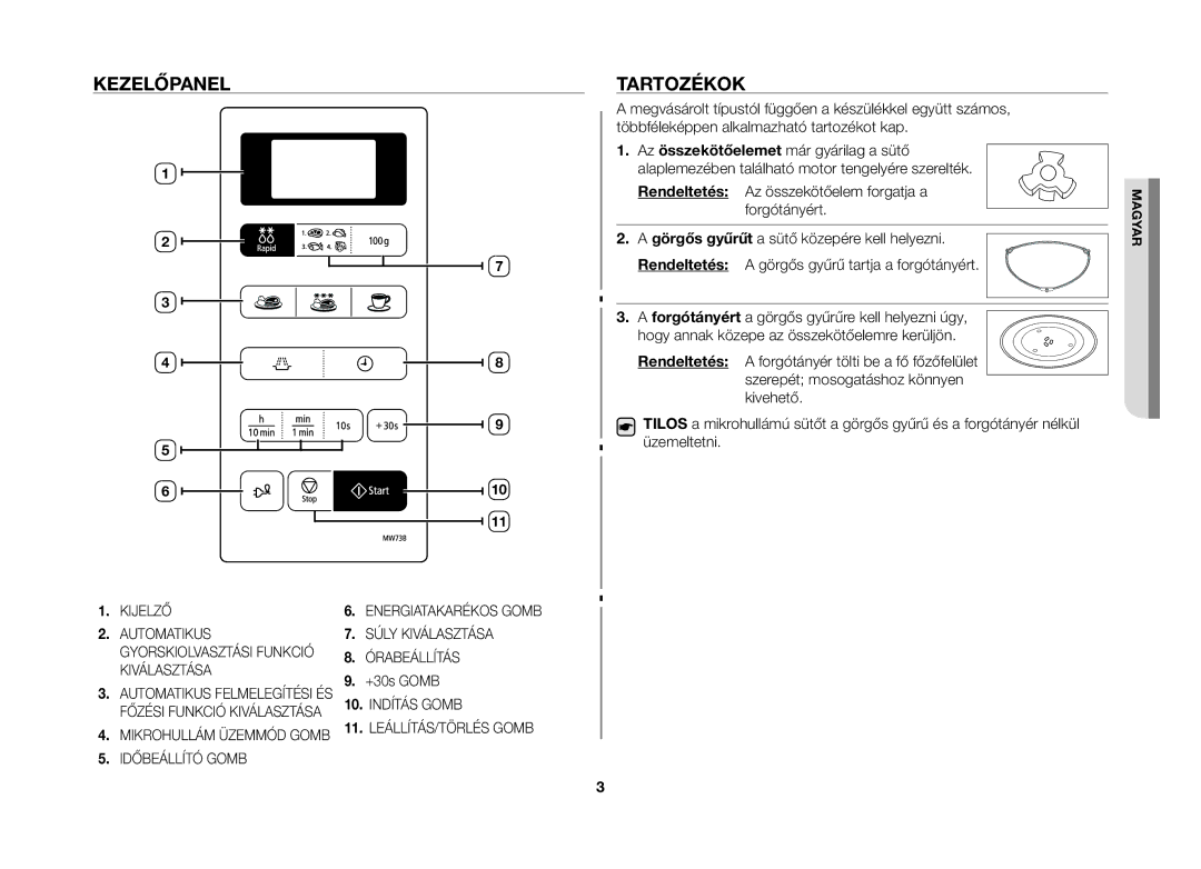 Samsung MW73B-S/XEO manual Kezelőpanel, Tartozékok 