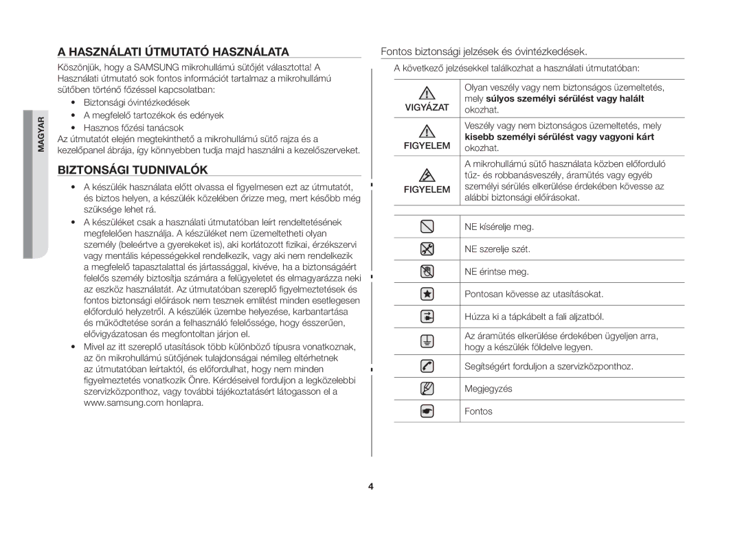 Samsung MW73B-S/XEO manual Használati útmutató használata, Biztonsági tudnivalók, Mely súlyos személyi sérülést vagy halált 