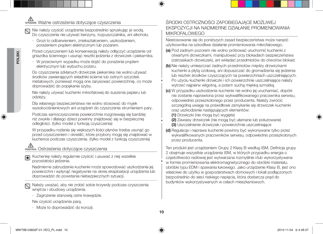 Samsung MW73B/BAL manual Ostrzeżenie Ważne ostrzeżenia dotyczące czyszczenia, Przestroga Ostrzeżenia dotyczące czyszczenia 