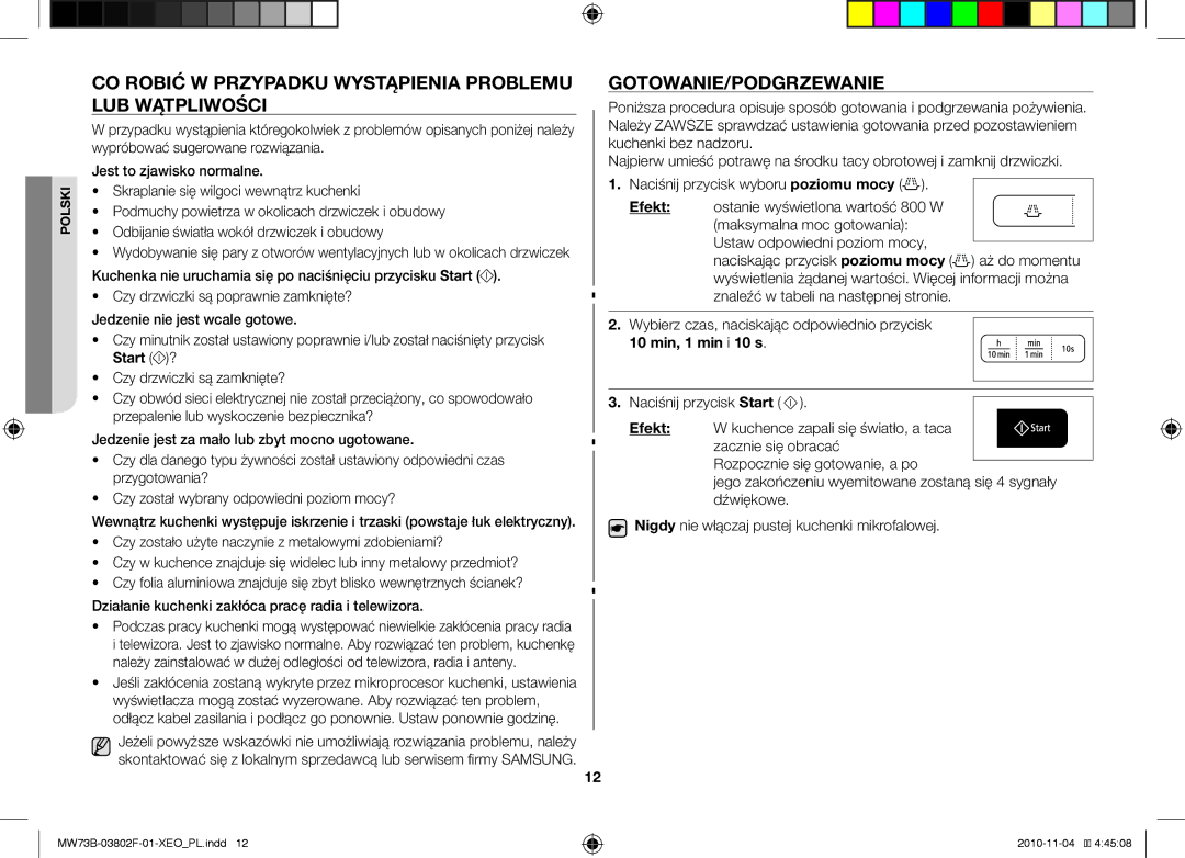 Samsung MW73B/BAL manual Co robić w przypadku wystąpienia problemu lub wątpliwości, Gotowanie/Podgrzewanie, Start ?, Efekt 