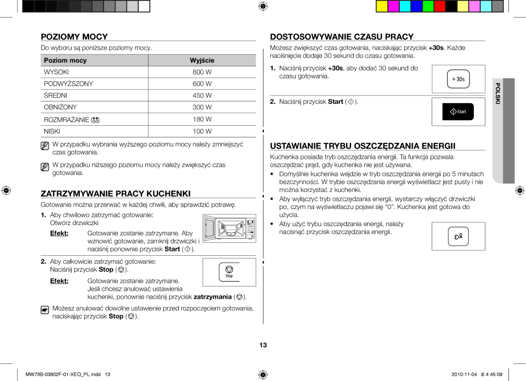 Samsung MW73B/BAL manual Poziomy mocy, Zatrzymywanie pracy kuchenki, Dostosowywanie czasu pracy, Poziom mocy Wyjście 