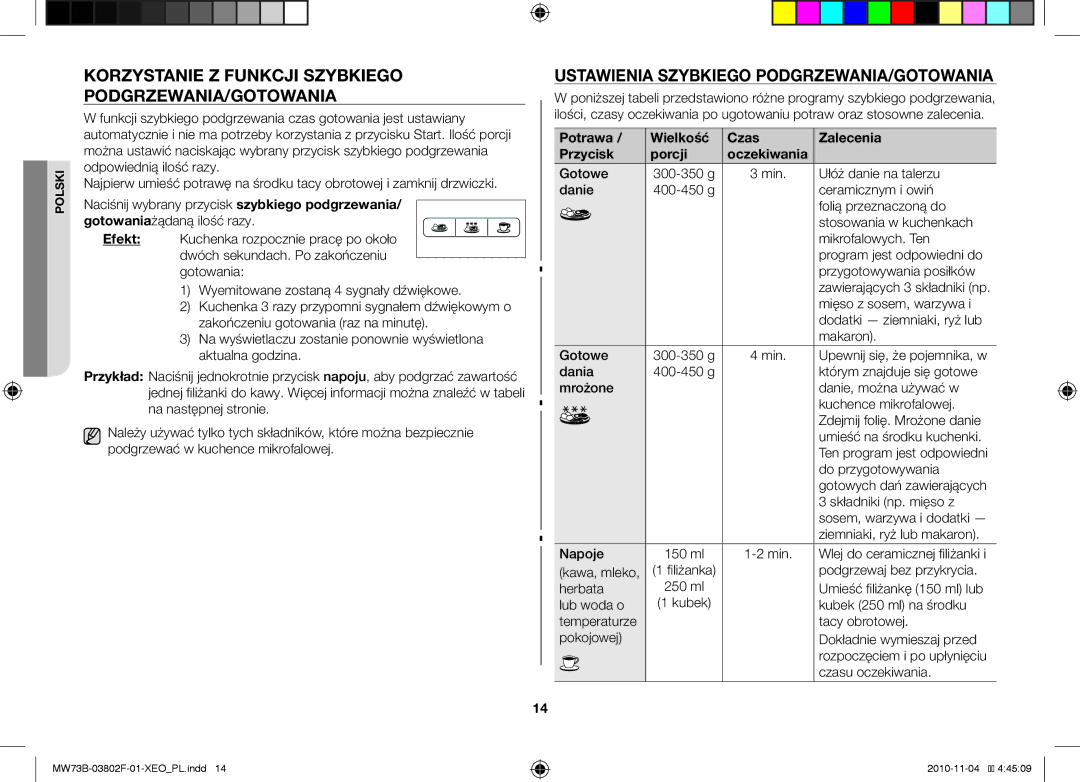 Samsung MW73B/BAL Korzystanie z funkcji szybkiego podgrzewania/gotowania, Ustawienia szybkiego podgrzewania/gotowania 