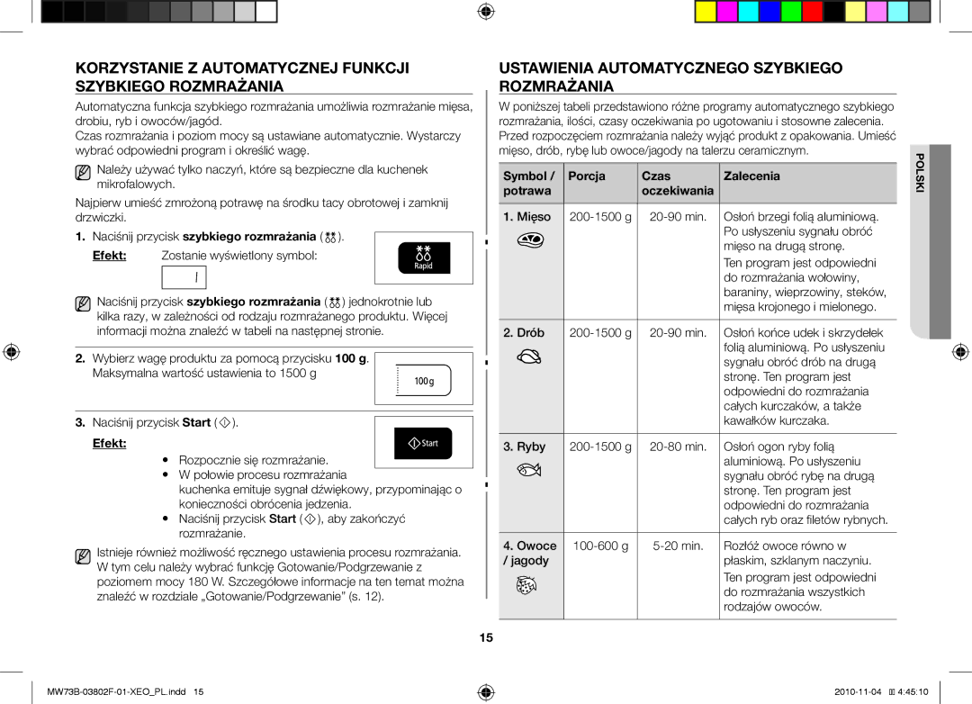 Samsung MW73B/BAL manual Korzystanie z automatycznej funkcji szybkiego rozmrażania, Naciśnij przycisk szybkiego rozmrażania 