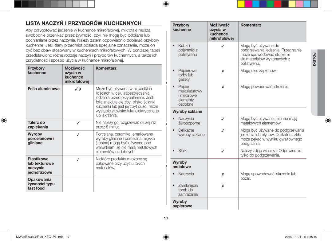 Samsung MW73B/BAL manual Lista naczyń i przyborów kuchennych 