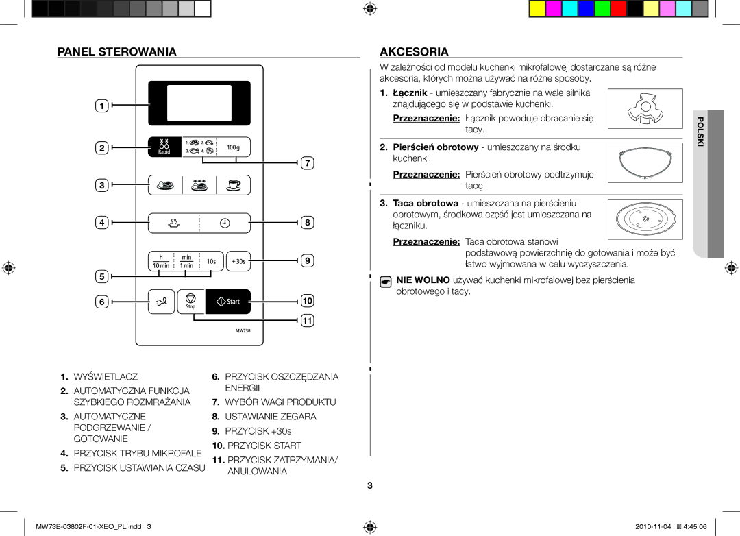 Samsung MW73B/BAL manual Panel sterowania, Akcesoria 