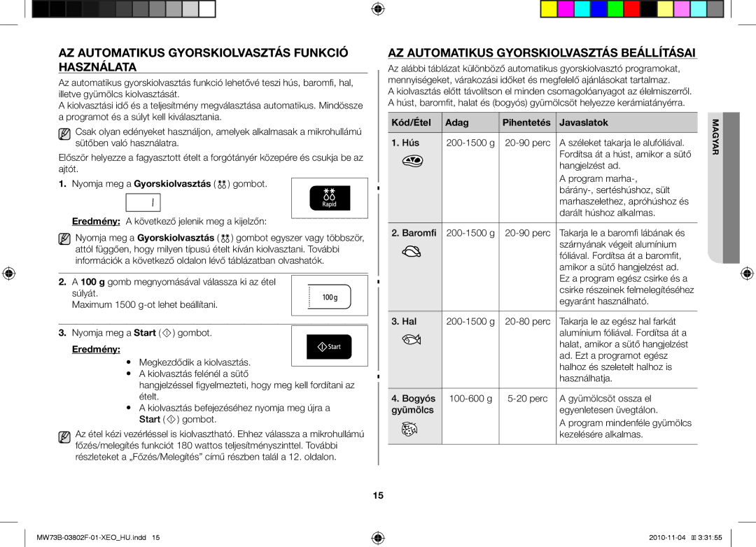 Samsung MW73B/BAL manual Az automatikus gyorskiolvasztás funkció használata, Az Automatikus gyorskiolvasztás beállításai 